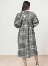 Plaid midi dress with flaring gathered waist and V-neck, sewing pattern for Heather, back view