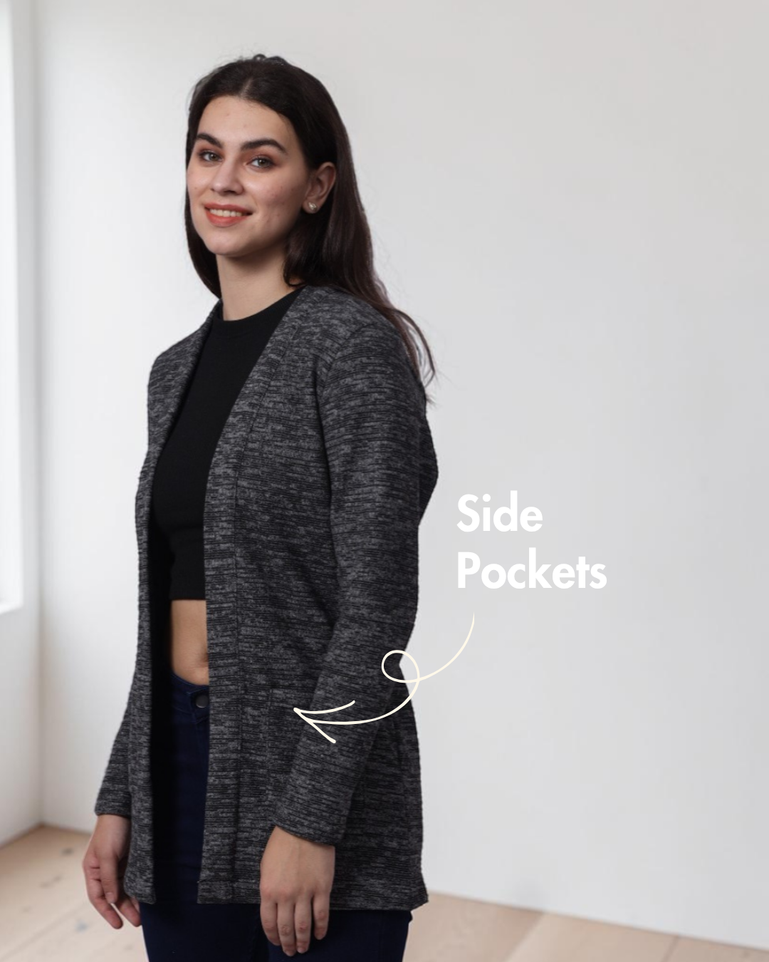 Close-up of pattern details for Nora long cardigan with relaxed fit and functional pockets