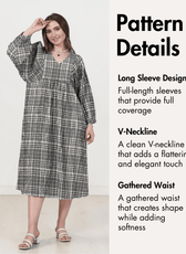 Long sleeve plaid dress with V-neck and gathered waist for sewing pattern Heather