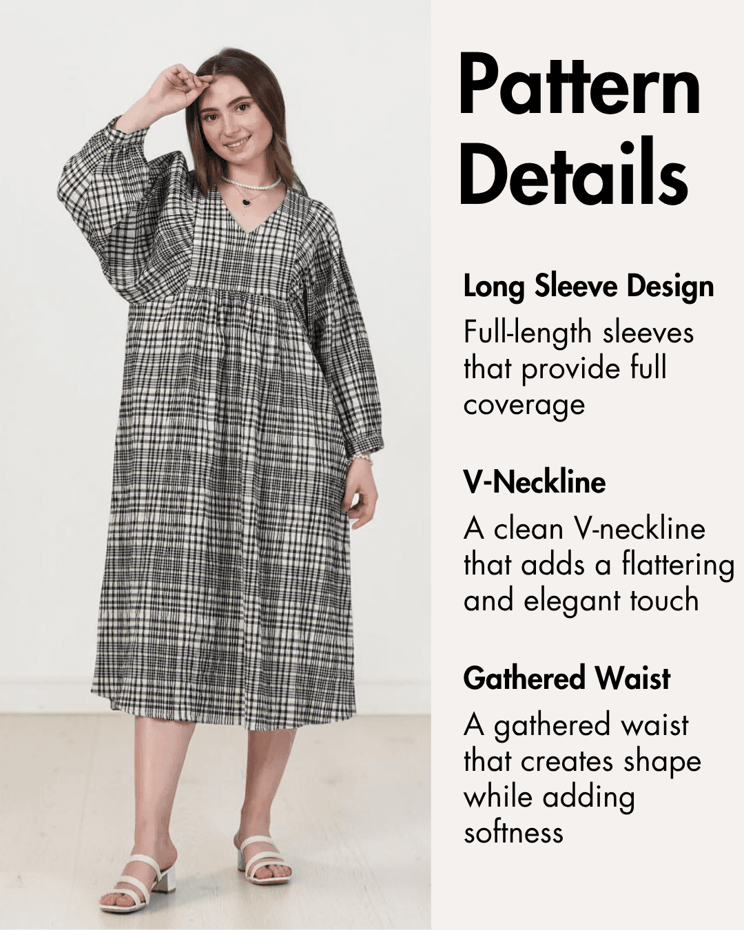 Long sleeve plaid dress with V-neck and gathered waist for sewing pattern Heather