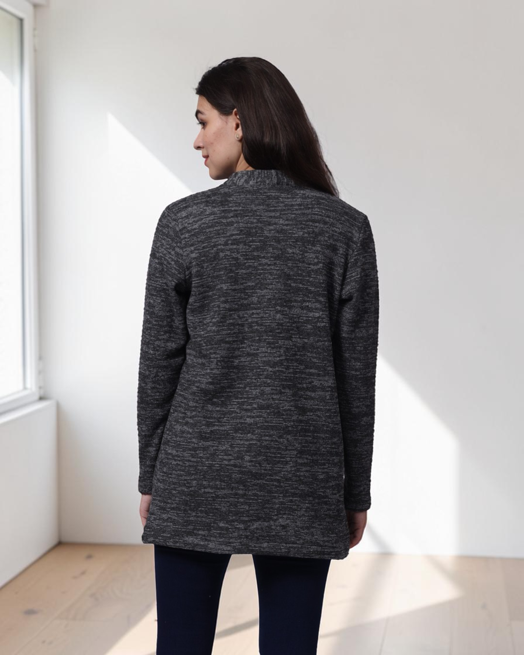 Back view of long cardigan Nora sewing pattern with open front and long sleeves