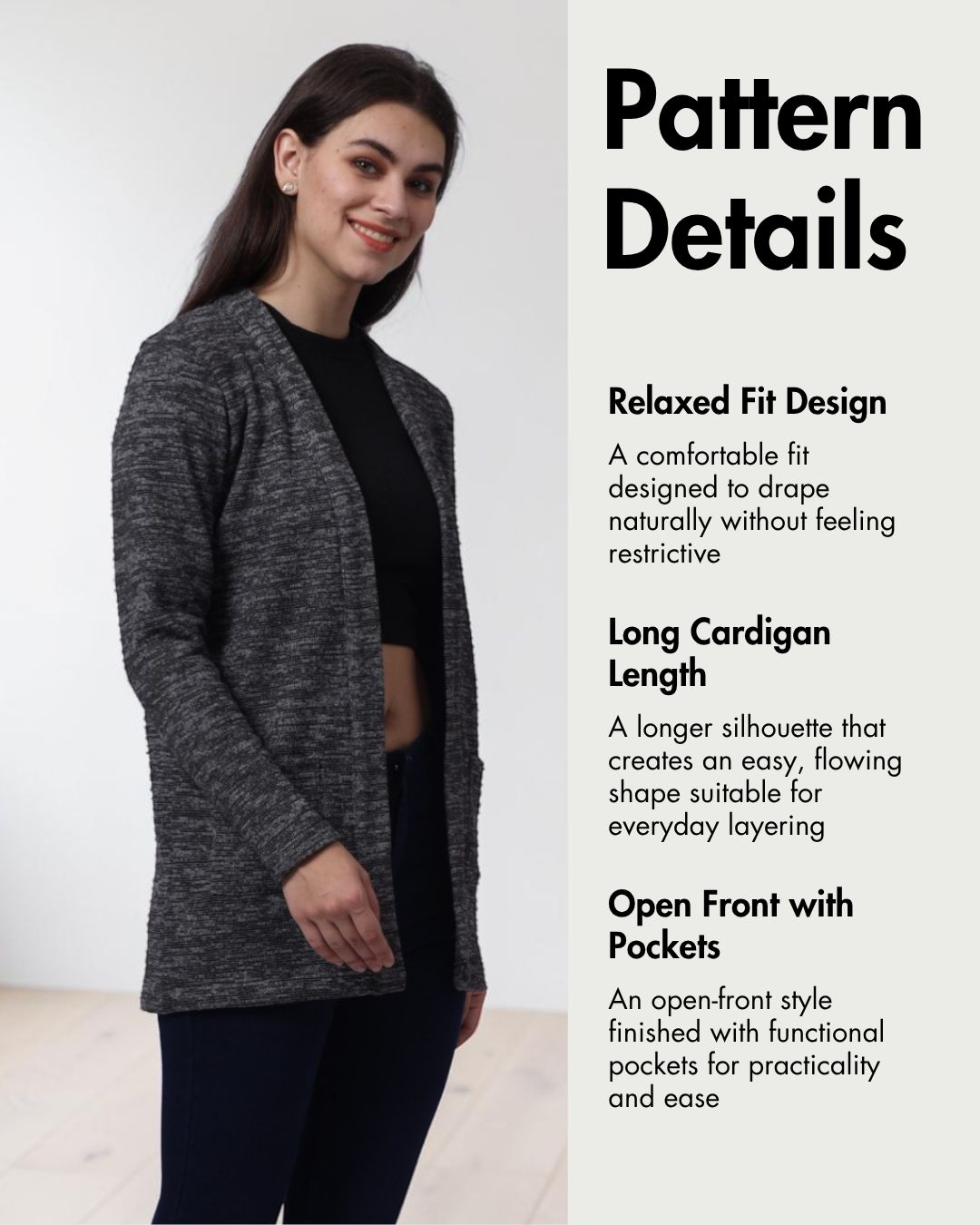 Long Cardigan Sewing Pattern Women's PDF Sweater 'Nora' with relaxed fit, open front, front pockets, long sleeves, suitable for winter and fall