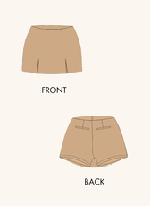 Technical illustration of the 'Jasmine' skort sewing pattern, displaying front and back views. A digital sewing pattern for a chic and functional mini skort.