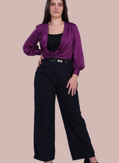 Front Knot Top 'Willow' styled with wide-leg trousers, demonstrating its versatility for both casual and formal looks.