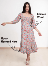 Model wearing Yasmin cottagecore dress with scoop neckline and flowy hem, front view
