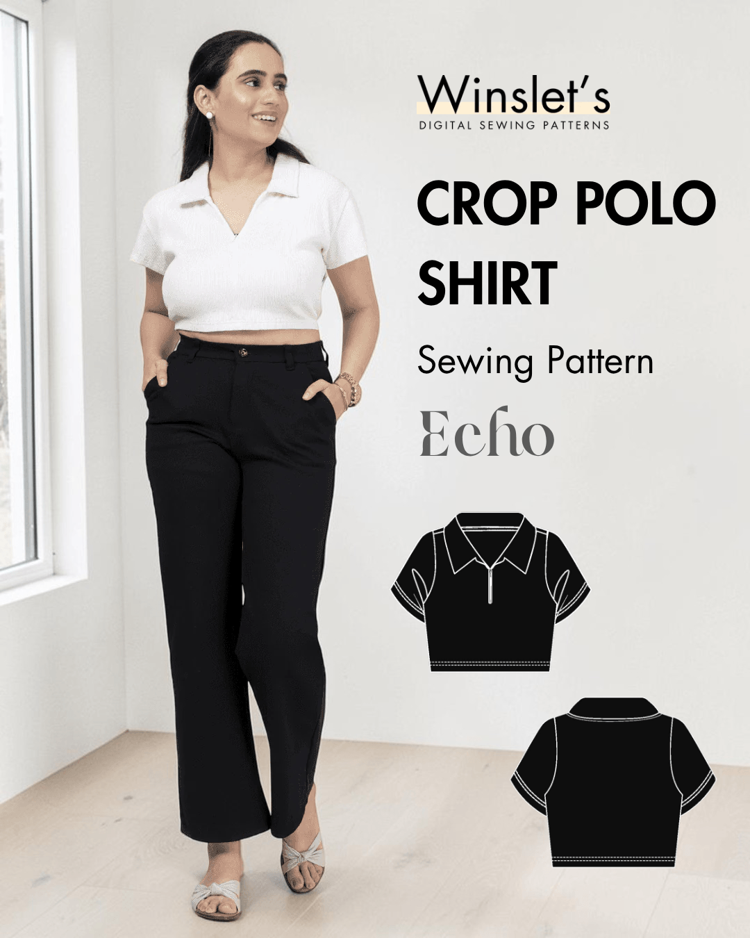 Women's crop polo shirt PDF sewing pattern with sharp collar and short sleeves