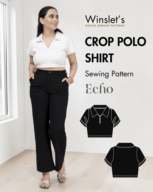 Women's crop polo shirt PDF sewing pattern with sharp collar and short sleeves