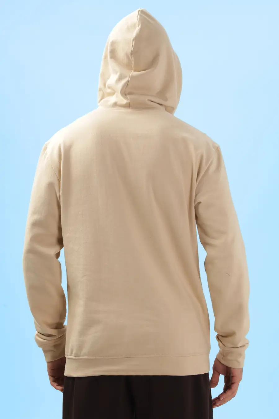 Back view of the 'Atlas' men's hoodie with the hood up. Highlights the relaxed fit and ribbed hem for a comfortable and stylish design.