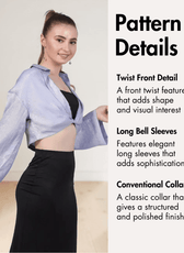 Close-up of pattern details for Hazel twist front crop shirt, including collar and long sleeves