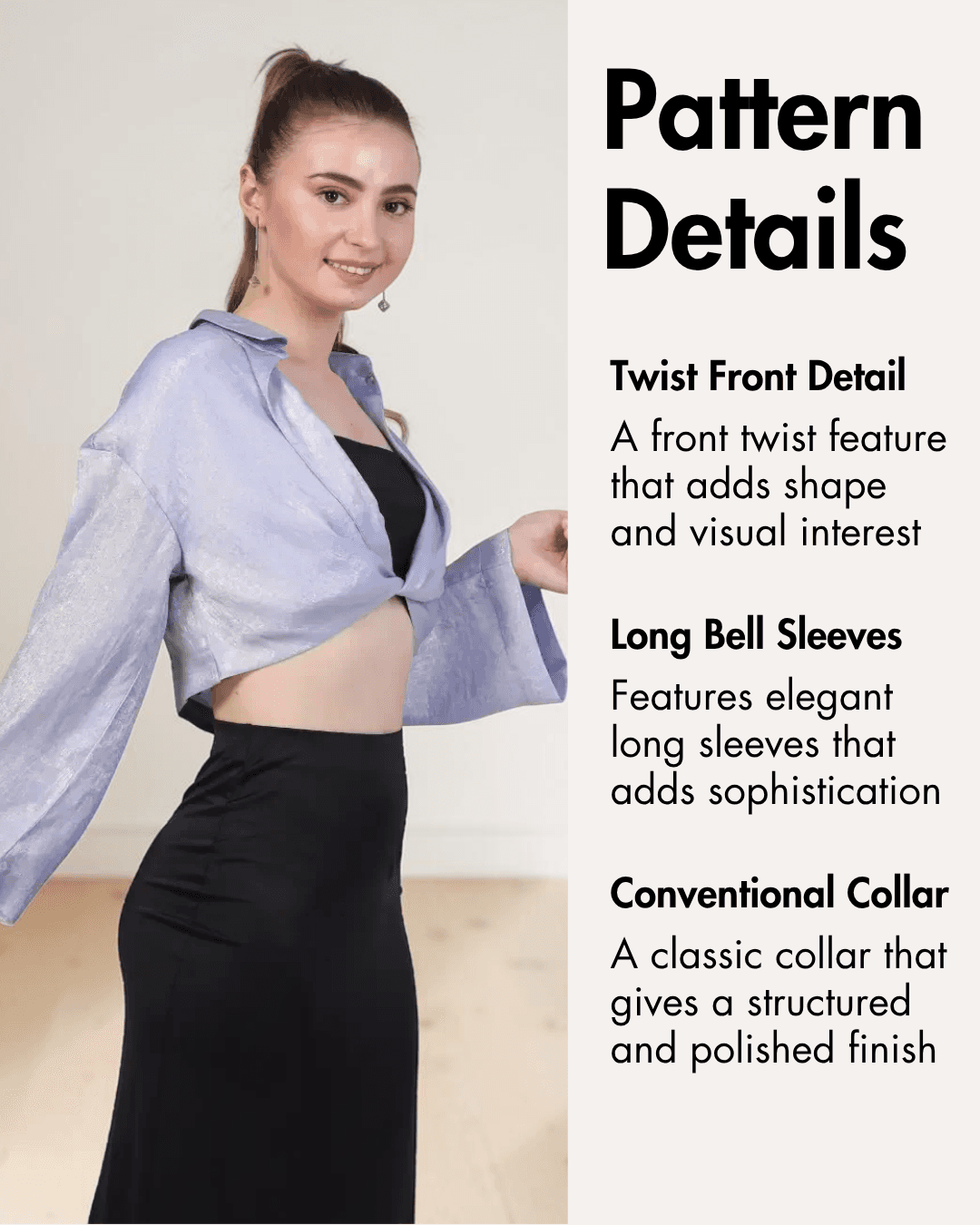 Close-up of pattern details for Hazel twist front crop shirt, including collar and long sleeves