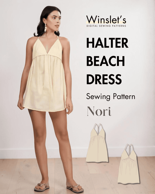 Yellow halter beach dress sewing pattern with plunging V-neckline and gathered empire waist