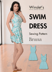 Swim dress sewing pattern 'Bruna' with sleeveless design and criss cross back
