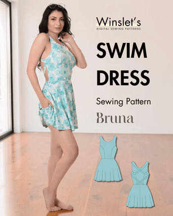 Swim dress sewing pattern 'Bruna' with sleeveless design and criss cross back