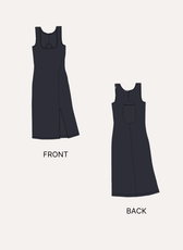 Sewing pattern front view of women's midi tank dress 'Pamela' with cutout back detail
