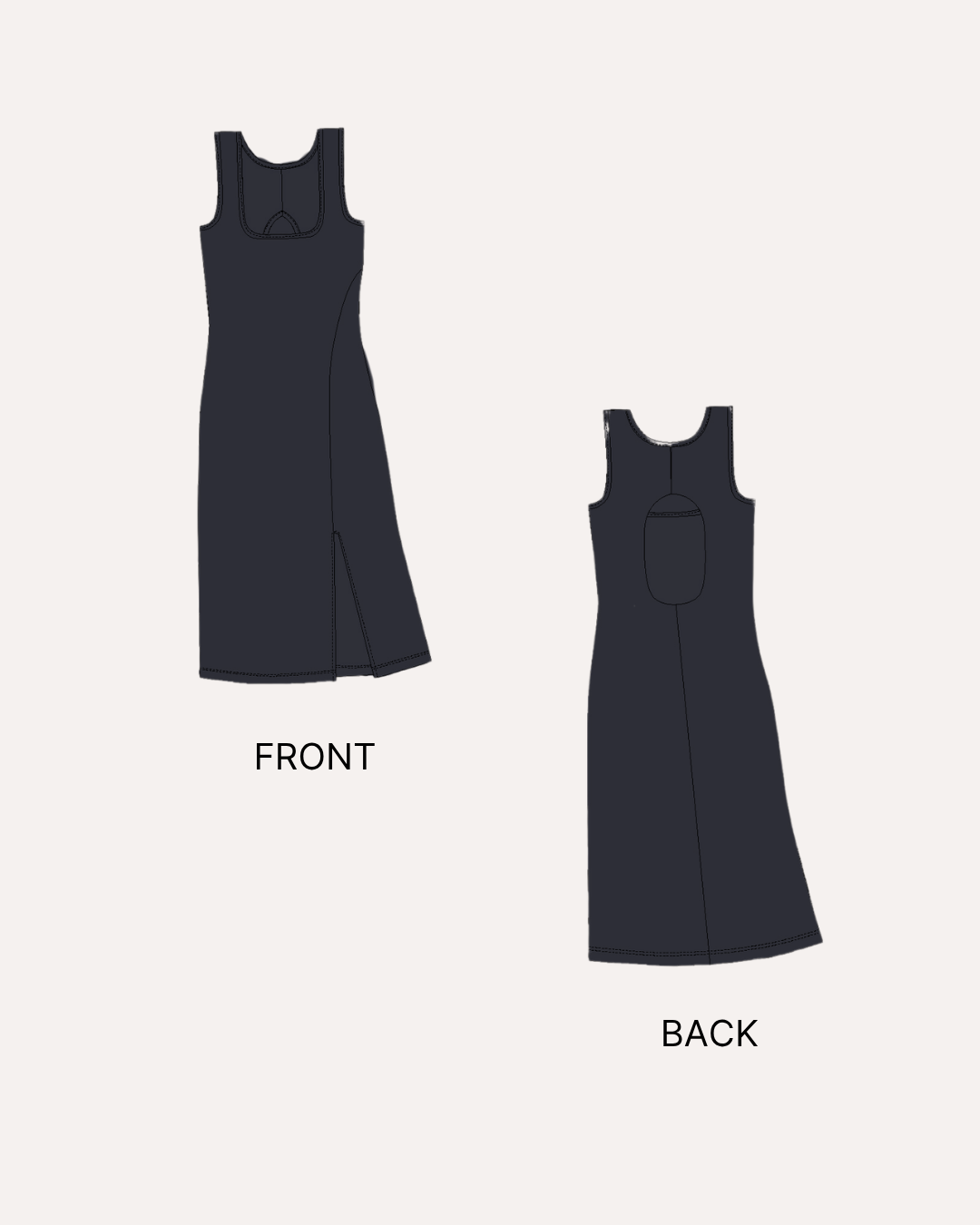 Sewing pattern front view of women's midi tank dress 'Pamela' with cutout back detail