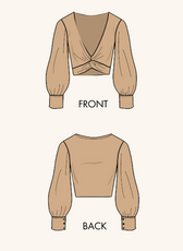 Illustrated front and back views of the Front Knot Top 'Willow' sewing pattern, featuring a deep neckline, front knot, and long sleeves.