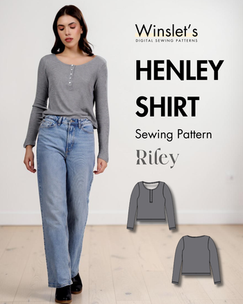 Winslet's Riley henley shirt sewing pattern cover: model in a grey henley top with blue jeans