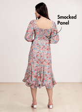 Back view of Yasmin cottagecore dress showing smocked panel and puff sleeves