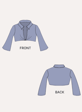 Front and back views of a women's cropped shirt sewing pattern 'Hazel' in blue