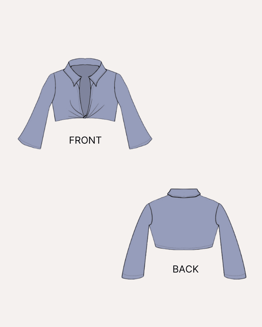 Front and back views of a women's cropped shirt sewing pattern 'Hazel' in blue