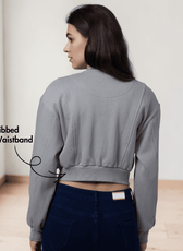 Back View of bomber jacket pattern details showing ribbed cuffs, waistband, and classic front button closure on a gray jacket