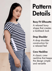 Pattern details of boxy T-shirt 'Lisa' with silhouette, drop shoulder, and crew neckline