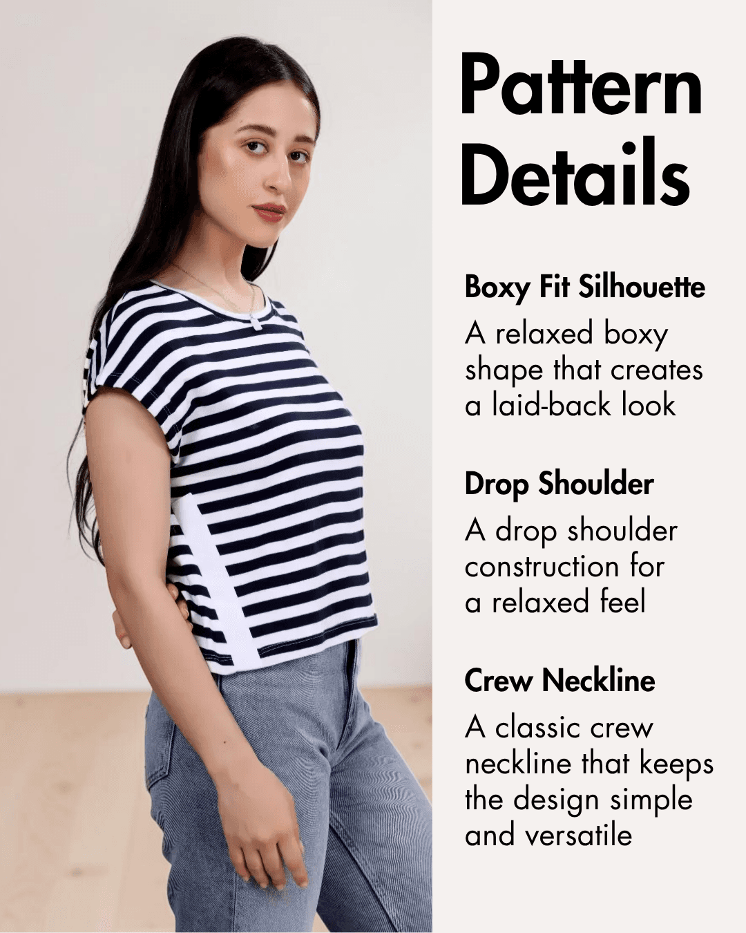 Pattern details of boxy T-shirt 'Lisa' with silhouette, drop shoulder, and crew neckline