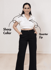 Back view of women's crop polo shirt with short sleeves and structured collar