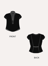 Black sewing pattern illustration of women's short sleeve blouse with mandarin collar and back gathering