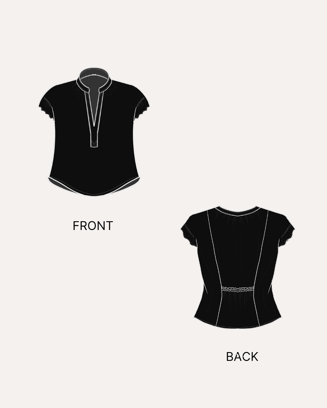 Black sewing pattern illustration of women's short sleeve blouse with mandarin collar and back gathering