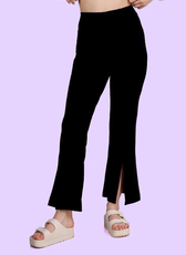 Close-up of black high-waisted flared pants with front slits. Digital sewing pattern available in multiple sizes with A0, A4, Letter, and projector files.