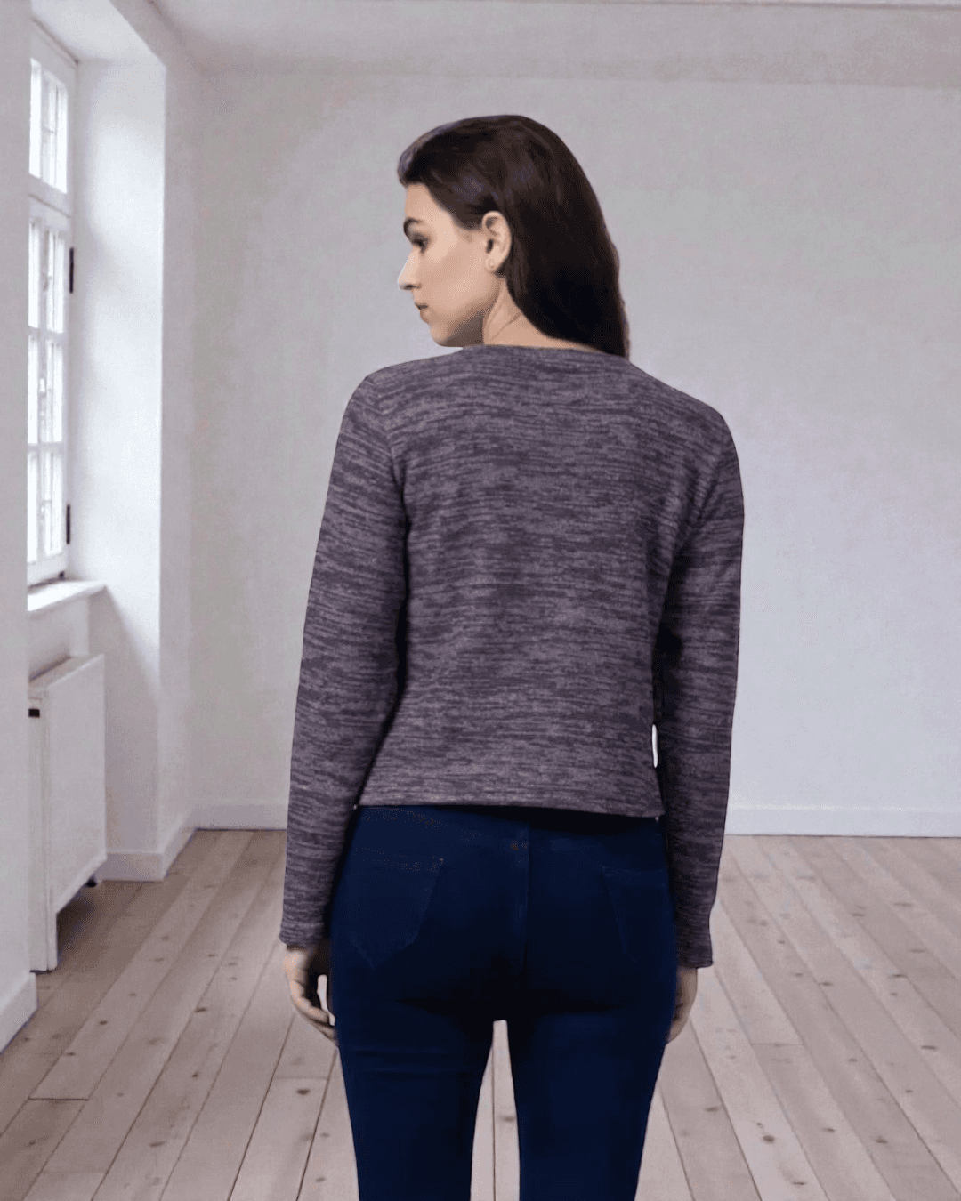Back view of the 'Liza' cardigan sewing pattern showing fitted silhouette and long sleeves, suitable for knit fabrics.