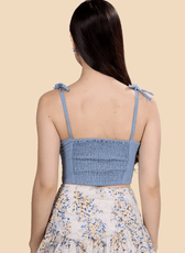 Back view of the Piper bustier top with smocked panel and adjustable tie straps. A comfortable and stylish sewing pattern for DIY fashion.