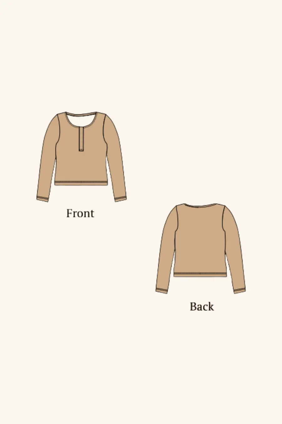 Illustration of the Riley long sleeve Henley sewing pattern. Shows front and back views of the top with buttoned neckline details.