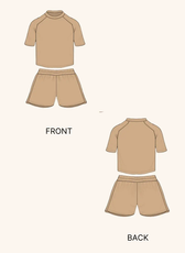Technical illustration of the 'Maria' activewear coord set, displaying front and back views of the T-shirt and shorts. A digital sewing pattern for DIY enthusiasts.