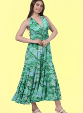 Close-up of a model in a green halter dress with a ruched bodice and tiered skirt. DIY sewing pattern includes A0, A4, Letter, and projector files.