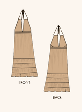 Technical illustration of the halter neck maxi dress sewing pattern, showing front and back views. Includes tiered skirt and adjustable halter tie.