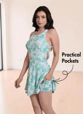 Side view of swim dress with crisscross back design