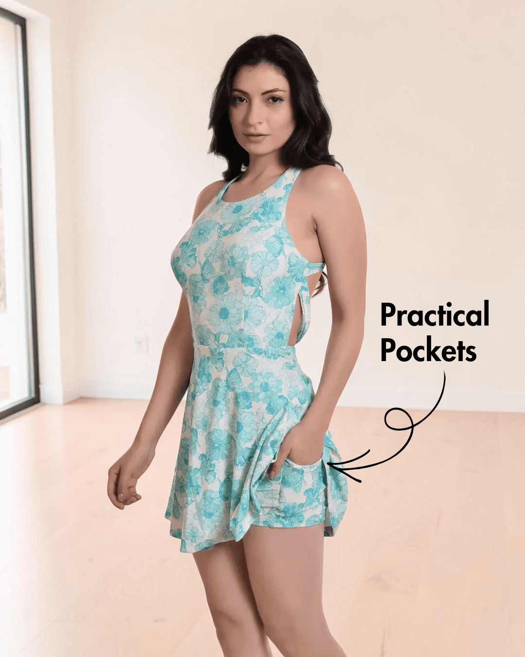 Side view of swim dress with crisscross back design