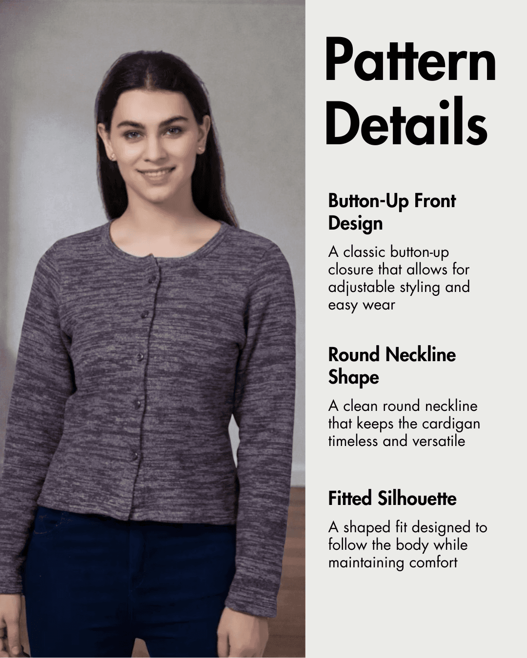 Pattern details for 'Liza' cardigan PDF sewing pattern highlighting button-up front, round neckline, and fitted silhouette.
