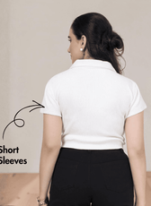 Pattern details for crop polo shirt with quarter zip, sharp collar, and short sleeves