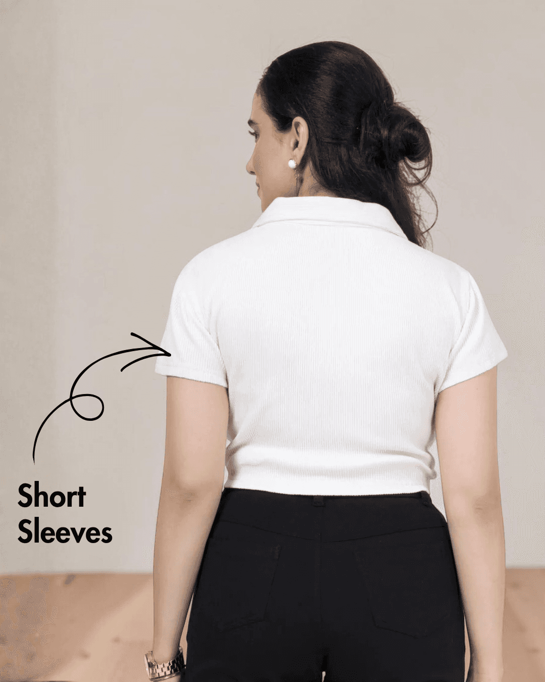 Pattern details for crop polo shirt with quarter zip, sharp collar, and short sleeves