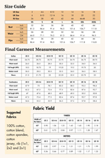 Size guide for the Riley long sleeve Henley sewing pattern. Includes garment measurements and fabric recommendations for various sizes.