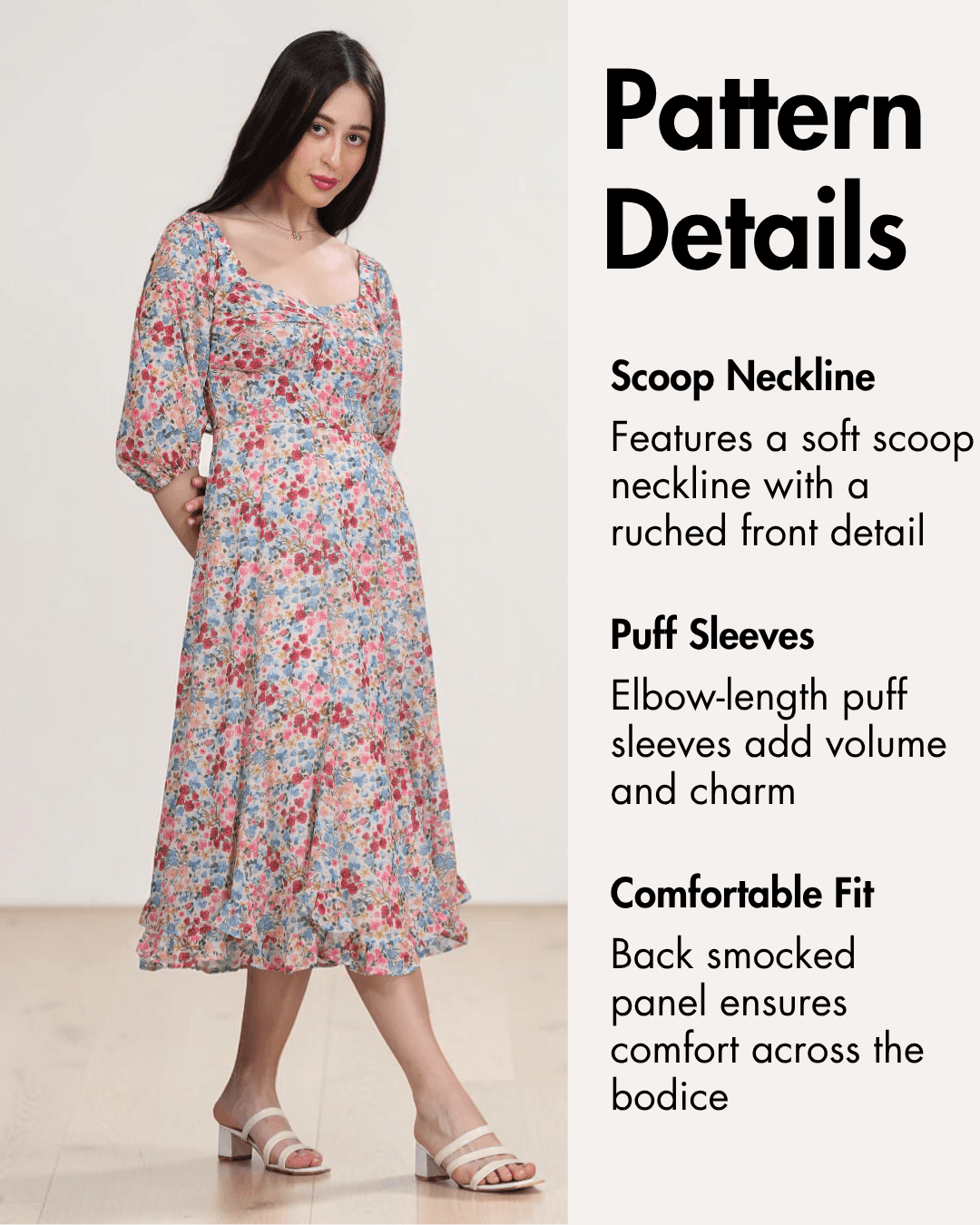 Pattern details of Yasmin dress with scoop neckline, puff sleeves, and smocked back panel