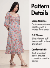 Pattern details of Yasmin dress with scoop neckline, puff sleeves, and smocked back panel
