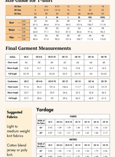 Size guide for the 'Maria' activewear T-shirt, including bust, waist, and hip measurements. Suggested fabrics include light to medium-weight knits.