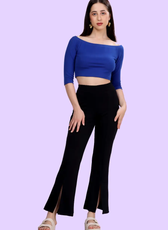Elegant high-waisted flared pants with front slits, perfect for DIY sewing. Digital pattern includes A0, A4, Letter, and projector-friendly files.