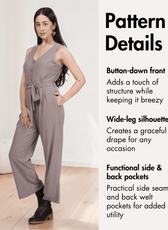  jumpsuit sewing pattern showing button-down front, V-neckline, and pattern details