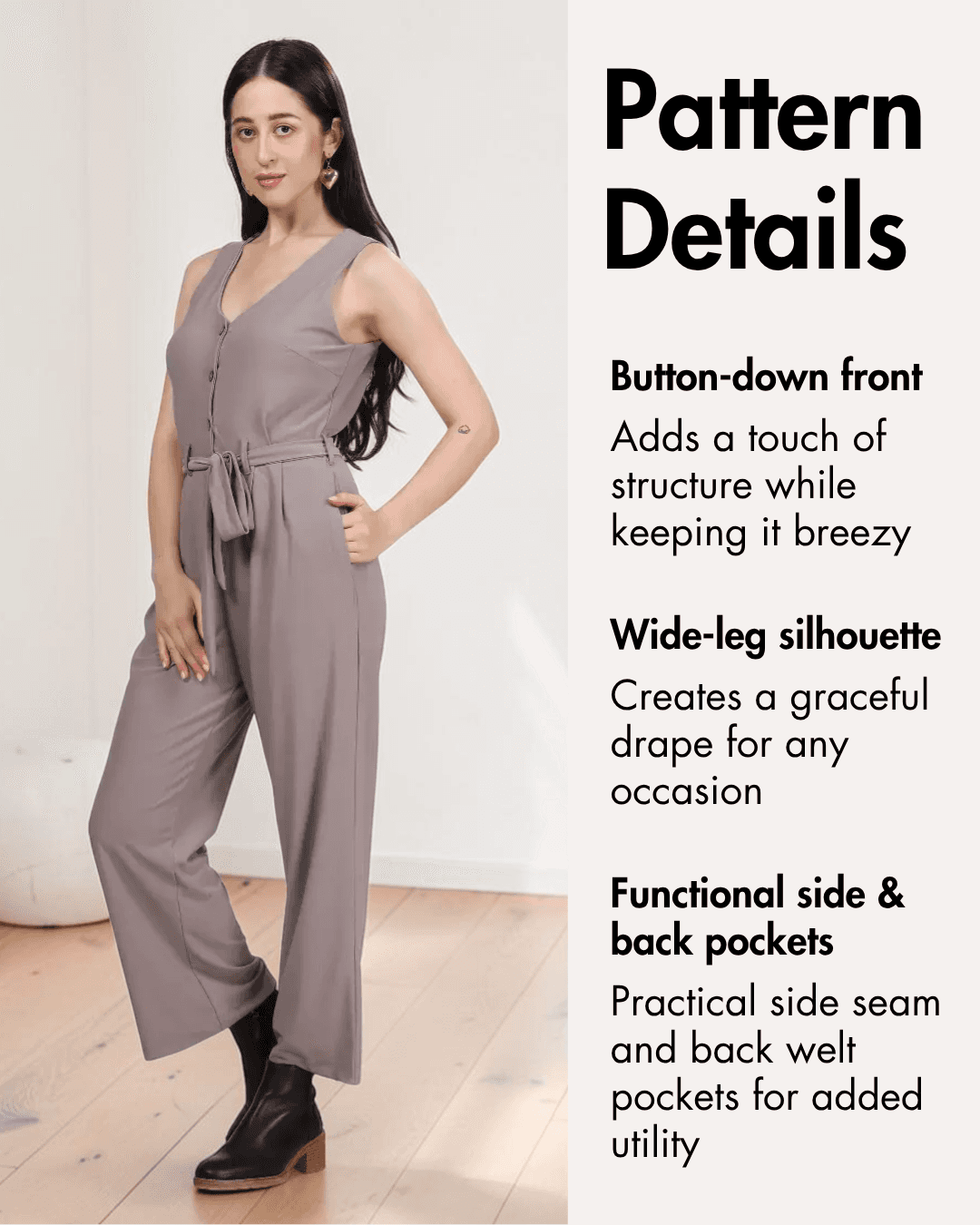  jumpsuit sewing pattern showing button-down front, V-neckline, and pattern details