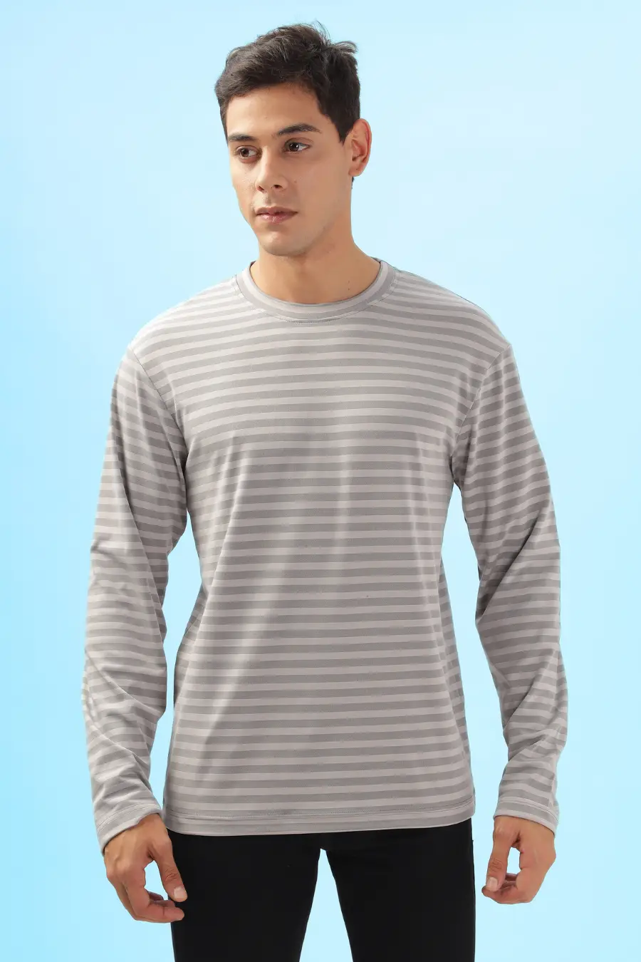 Front view of a men's long sleeve T-shirt made from the 'Maddy' sewing pattern. Features a classic crew neckline and a relaxed fit.